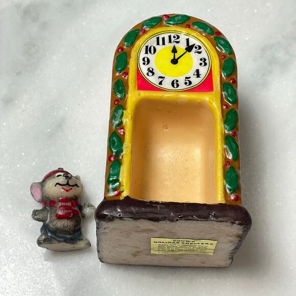 Vintage Jasco Snowy Holiday Shelters Candle Christmas Clock Mouse 2 in 1 READ - Picture 7 of 10